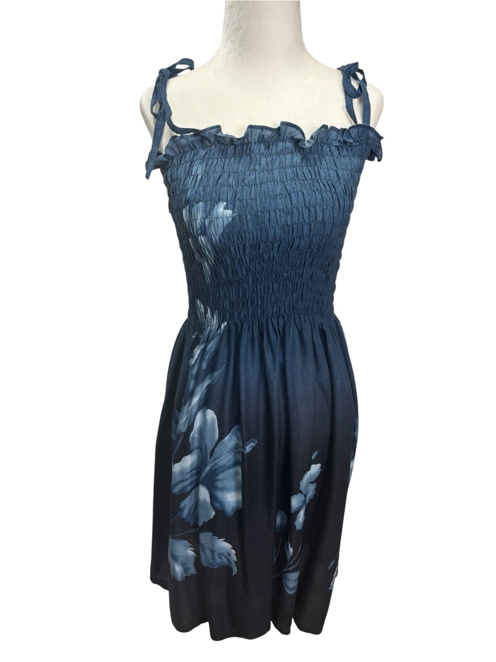 Hibiscus Collection Hawaii Blue Floral Smocked Sundress with Tie Straps One Size